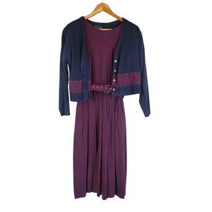 Vintage Herman Geist Cotton Midi Dress with Cardigan Blue Red Size Medium 90s